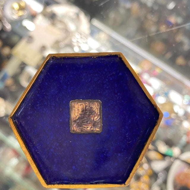 Peking Seven Hexagonal Cloisonné Enameled Trinket Boxes in Original Fabric Box For Sale - Image 12 of 12