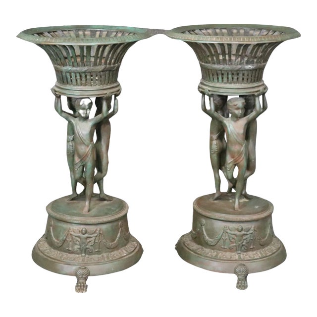 Large Verdigris Finished Cast Metal Figural Planters after Clodion - A Pair For Sale