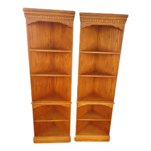 Vintage Pair of Traditional Style Solid Oak Corner Shelving Units / Etageres