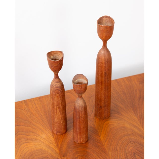 Mid-Century Modern Vintage Danish Modern Hand Turned Teak Candlestick Holder Set For Sale - Image 3 of 4