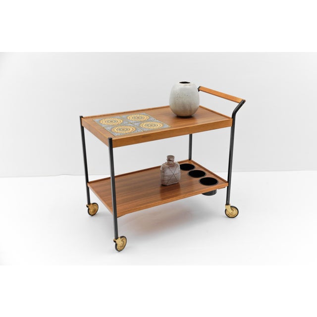 Vintage Walnut and Ceramic Serving Trolley, 1960s For Sale - Image 4 of 12
