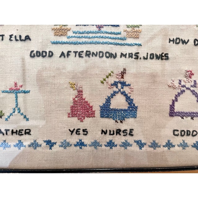 Blue Antique Early 1900s Framed Children's Etiquette Cross Stitch For Sale - Image 8 of 13