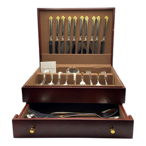 Oneida Cube Golden Damask Rose 59-Piece Set (Service for 10 + 8 Hostess PCS + Wooden Chest) Vintage Stainless Steel With Gold Accent