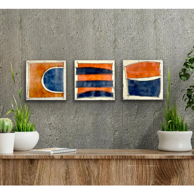 Wood Original Encaustic Collage Paintings by Gina Cochran - Trio in Orange and Blue For Sale - Image 7 of 7
