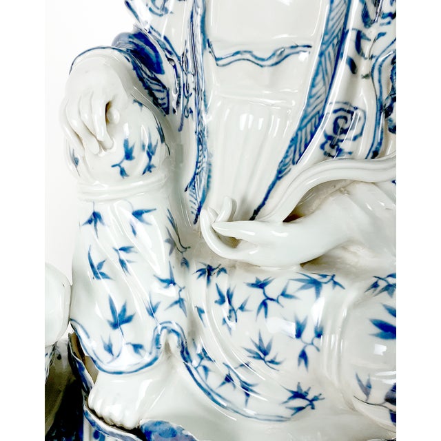 Chinese Blue and White Porcelain Seated Kuan Yin on a Qilin For Sale - Image 14 of 15