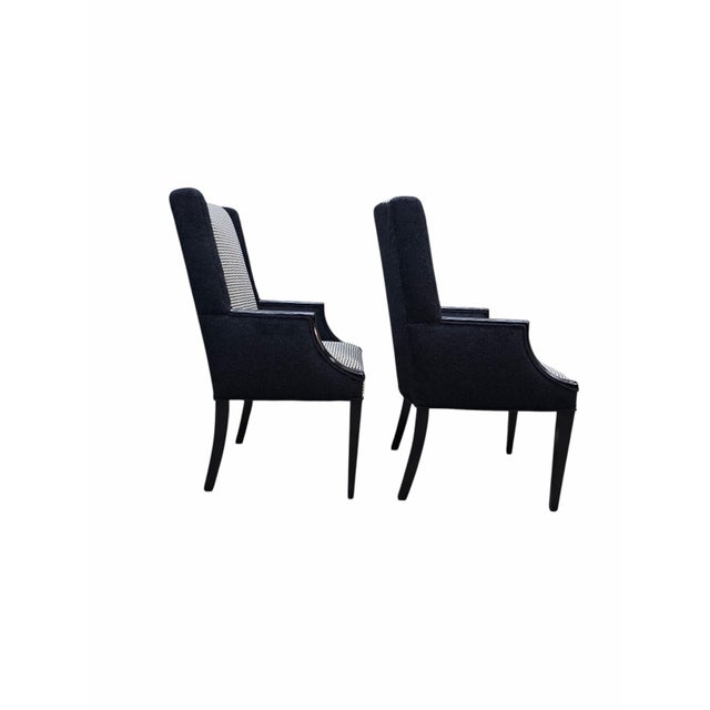 Vintage Wingback Style Wood Black Lacquer Frame Armchairs Newly Reupholstered - Pair For Sale - Image 9 of 12
