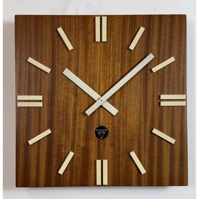 Wood Vintage Brown Wooden Wall Clock from Pragotron, 1980s For Sale - Image 7 of 16