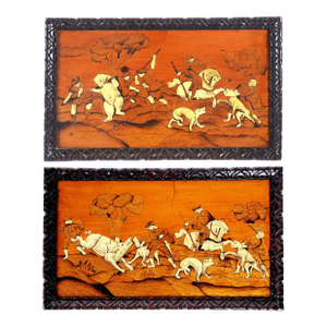Marquetry Inlaid Hunting Plaques, a Pair