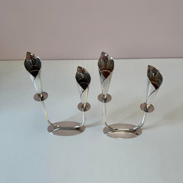 Pair of Mid-Century Danish Silver Plated Calla Lily Candlestick Holders by Hans Jensen For Sale - Image 4 of 9