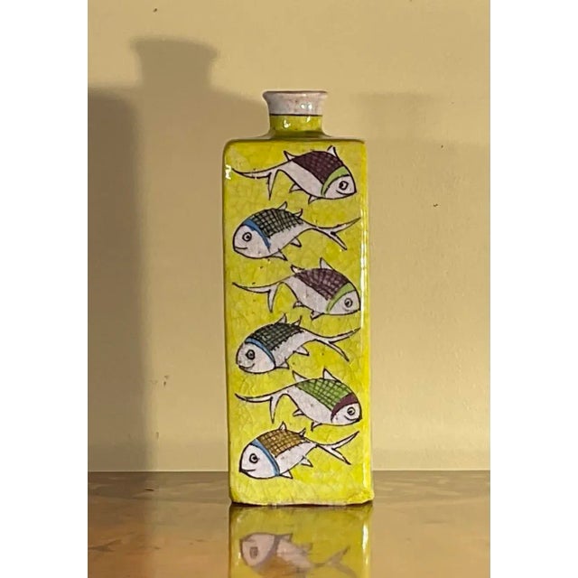 Yellow Vintage Hand Painted Square Ceramic Fish Vase For Sale - Image 8 of 13