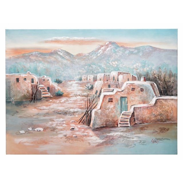 Late 20th Century Large Signed Southwestern Adobe Village Landscape Painting on Canvas For Sale - Image 11 of 11