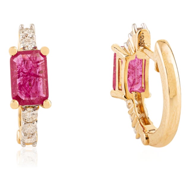 Dainty 1.05 Ct Ruby & Diamond Huggie Hoop Earrings in 18k Yellow Gold- 2 Pieces For Sale
