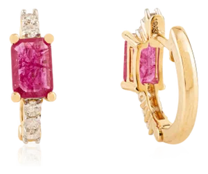 Dainty 1.05 Ct Ruby & Diamond Huggie Hoop Earrings in 18k Yellow Gold- 2 Pieces