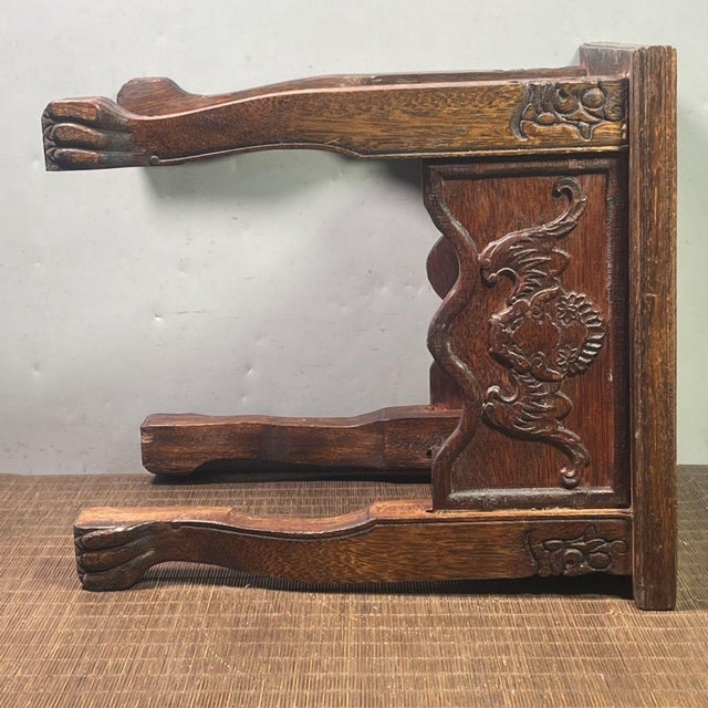 1990s Chinese Rosewood Stool With Mother of Pearl Inlay, Carved Bat Motif Square Plant Stand For Sale - Image 5 of 7