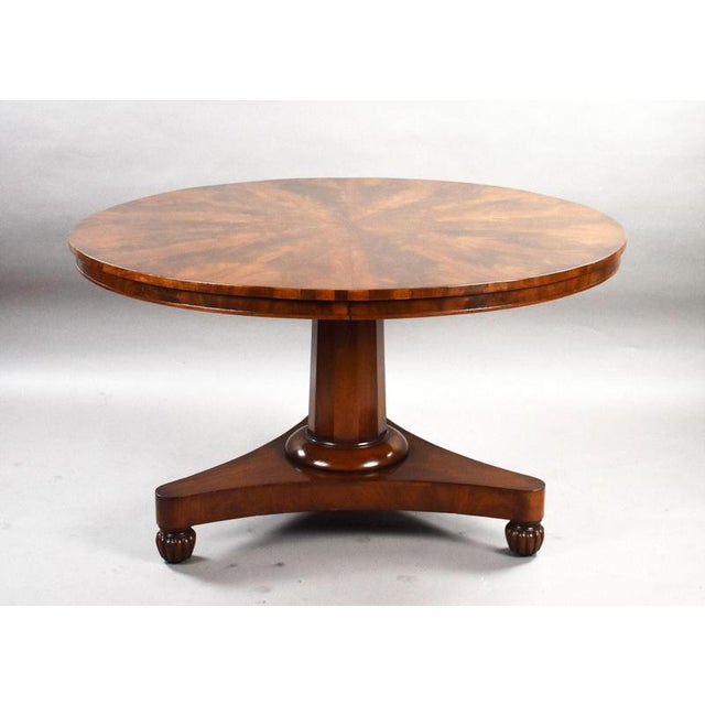 A striking Regency period flame mahogany breakfast table, circa 1820, featuring a superb circular top veneered in richly...