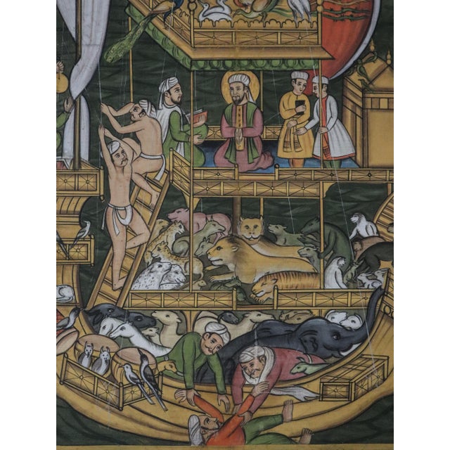 Tribal Original Hand-Painted Silk Art - Noah’s Ark Religious Illustration- Large Vintage Gold-Framed Maritime Scene For Sale - Image 3 of 12