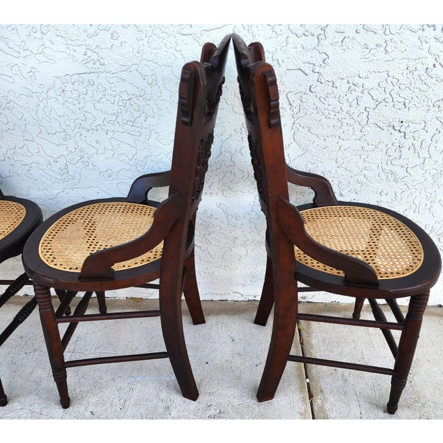 Antique Eastlake Victorian Style Walnut Cane Seat Side Dining Chairs Set of 4 For Sale - Image 4 of 13