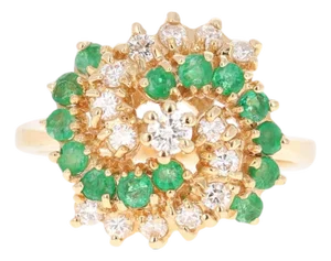 0.90 Carat Emerald Diamond 14 Karat Yellow Gold Cluster Cocktail Ring, Size 7