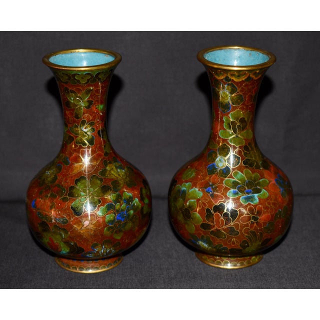 Vtg. Pair of Chinese Cloisonné Small Vases For Sale - Image 10 of 14