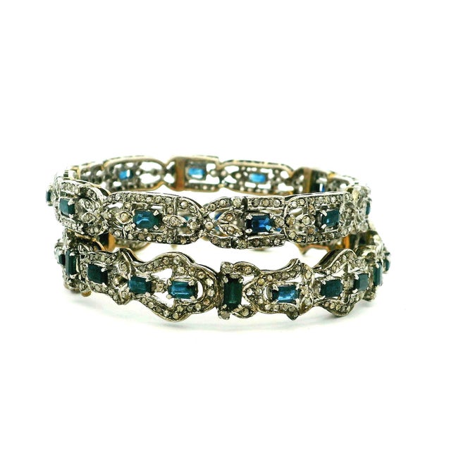 English Vintage Indian Sapphire and Diamond Bracelet Set, Silver and 14k Gold, Circa 1950, 2 Pieces For Sale - Image 3 of 9