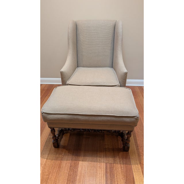 Rustic European Dennis & Leen Attributed Louis XIII Fireside Wing Chair & Ottoman For Sale - Image 3 of 6