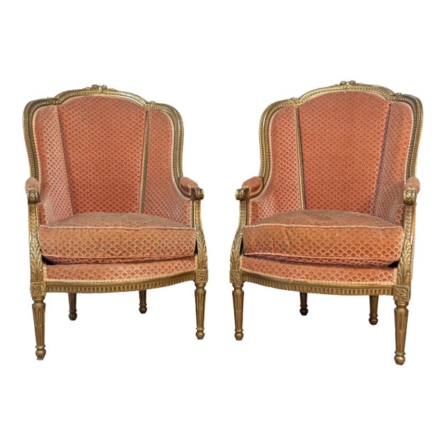 French Louis XVI Style Gilded Wood Bergères Chairs with Carved Décor - a Pair For Sale