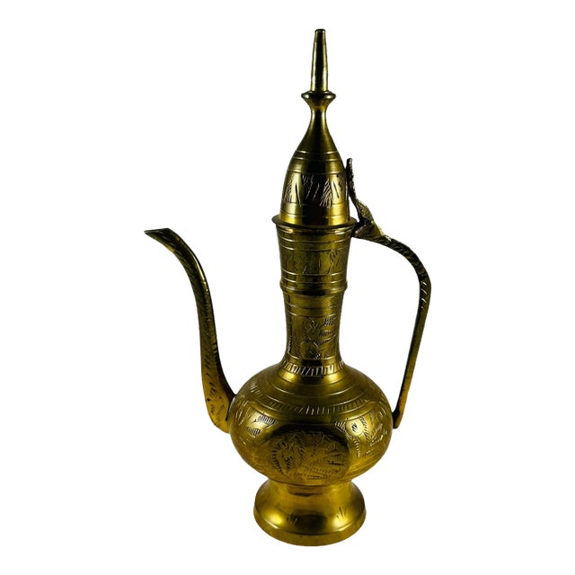 Vintage Brass Teapot Oil Pitcher Genie Lamp Hinged Etched Ornate, India For Sale