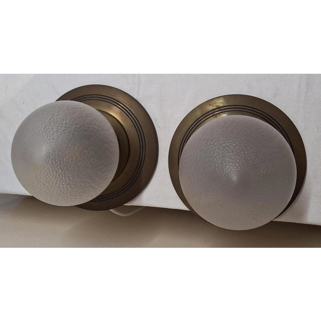 Antique German Art Nouveau Ceiling Lamps with Elaborate Brass Mounting and Original Frosted Relief Glass Shade, 1890s, Set of 2 For Sale - Image 6 of 8