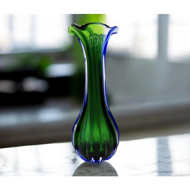 Green and Blue Ribbed Murano Glass Vase, 1960s For Sale - Image 6 of 10