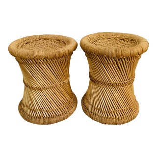 Vintage Pair of Crespi Style Pencil Reed Rattan & Rush Ottoman Stools For Sale