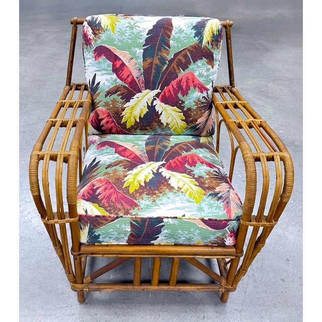 Pair, Mid-Century Modern Attributed to Paul Frankl Rattan Barkcloth Lounge Chairs For Sale - Image 12 of 18