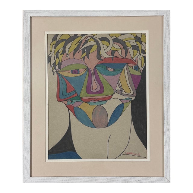 Vintage Abstract Surrealist Three-Headed Portrait by e.j. Hartmann, Signed (1979, Mixed Media on Paper) For Sale