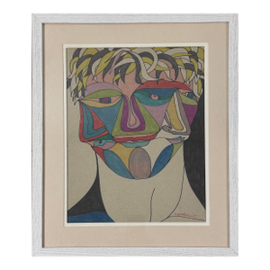 Vintage Abstract Surrealist Three-Headed Portrait by e.j. Hartmann, Signed (1979, Mixed Media on Paper)