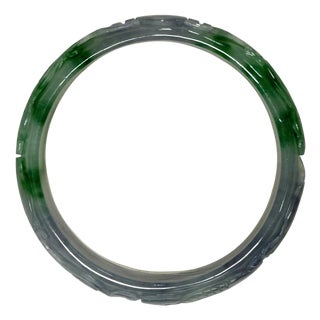 2.375" Chinese Green White Gray Relief Carving Jade Stone Bracelet Bangle For Sale