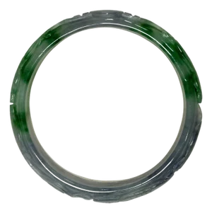 2.375" Chinese Green White Gray Relief Carving Jade Stone Bracelet Bangle