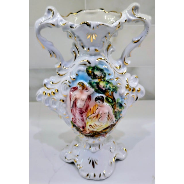 Ceramic Mid-Century Italian Capodimonte Figural Porcelain Urn Vase With Gold Gilt For Sale - Image 7 of 12