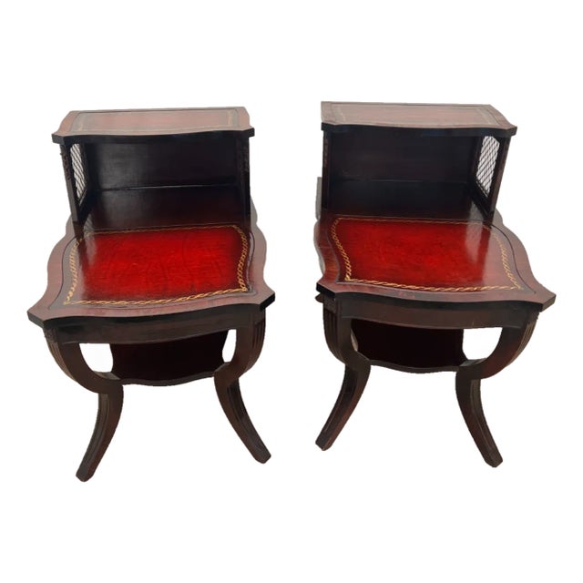 1950s Art Deco Style Step Tables Two Tier Nightstands Embossed Leather by Stanwycke For Sale