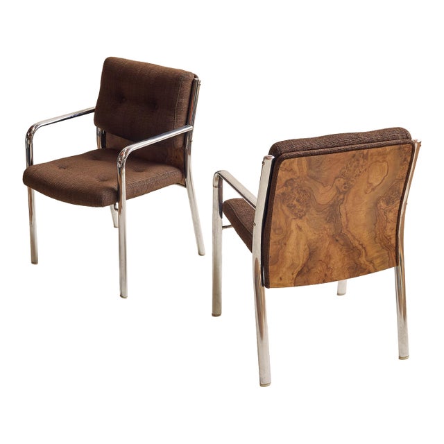 Vintage 1970s Chrome & Burl Wood Mid-Century Armchairs For Sale
