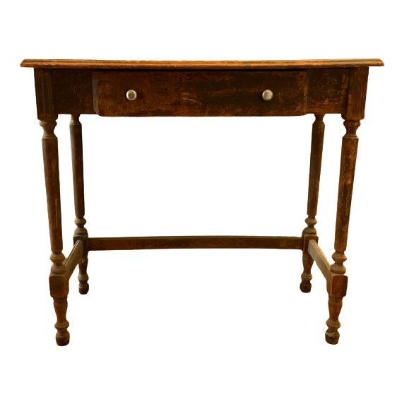 Hi, great patina solid wood antique vintage writing desk with one drawer. Good for under a window or in a hallway or foyer...