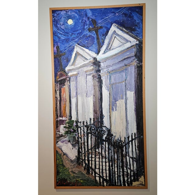 This New Orleans cemetery painting showcases three mausoleums and a full moon, with expressive layers of oil paint...