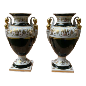 Pair of French Empire Style Forest-Green and Parcel-Gilt Pyriform Double-Handled Urns
