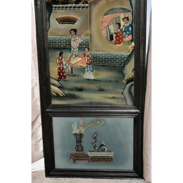 Antique Wall Plaque Chinese Reverse Painted Glass 3 Section Panel Black Frame For Sale In Philadelphia - Image 6 of 10