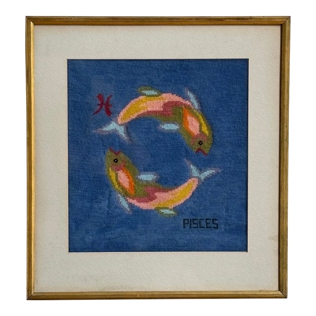 Mid-20th Century Pisces Zodiac Needlepoint, Framed For Sale