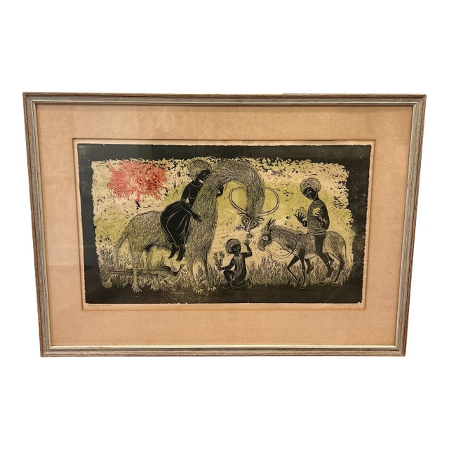 Mid 20th Century “Saffron Scent” Vintage Original Wood Block Print by Helen Siegel For Sale