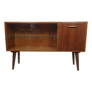 Renovated Oak Display Cabinet with Bar on Slanted Legs For Sale