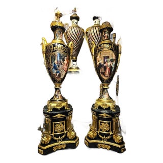 French Sevres-Style Black Porcelain Vase With Pedestal – Victorian Court Scenes & Gilded Details For Sale
