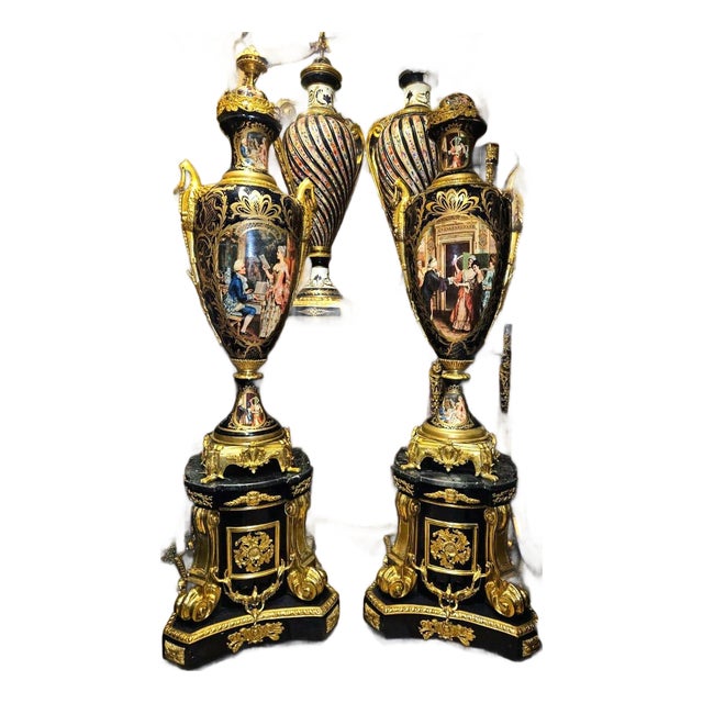 French Sevres-Style Black Porcelain Vase With Pedestal – Victorian Court Scenes & Gilded Details For Sale