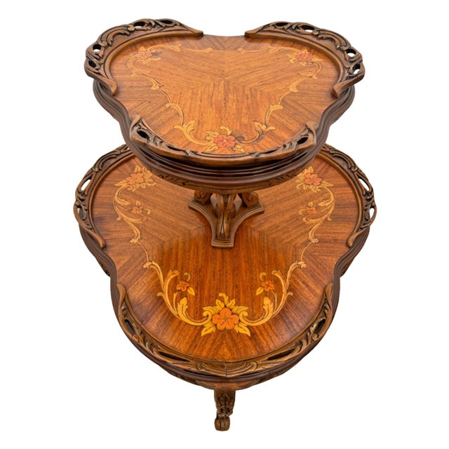 Wood Antique Two-Tier Etagere Jardiniere Parlor Table, French Art Nouveau, Inlays For Sale - Image 7 of 12
