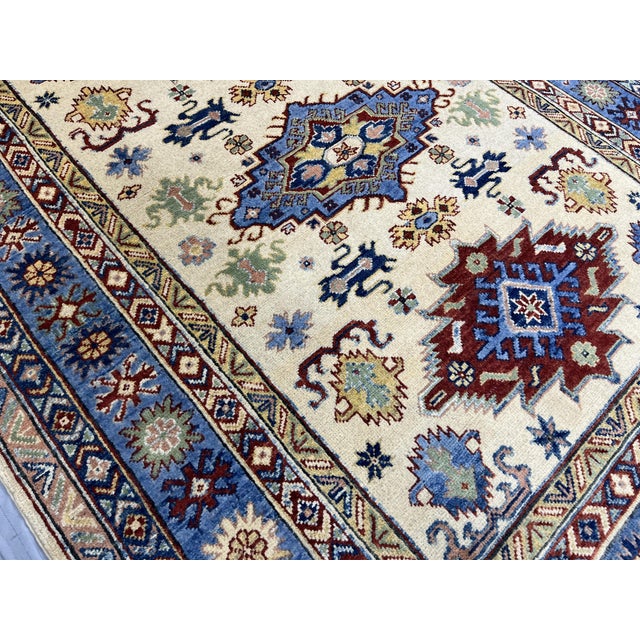 Ivory and Blue Kazak Wool Area Rug With Tribal Medallions, 4'10" X 6'7" For Sale - Image 10 of 15