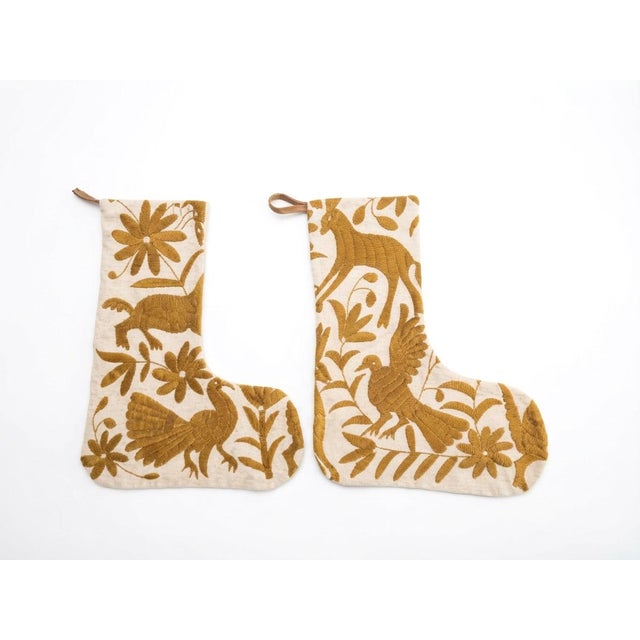 2020s Handmade Mexican Otomi Tenango Embroidered Christmas Stockings, Amber Gold & Natural, Pair For Sale - Image 5 of 11